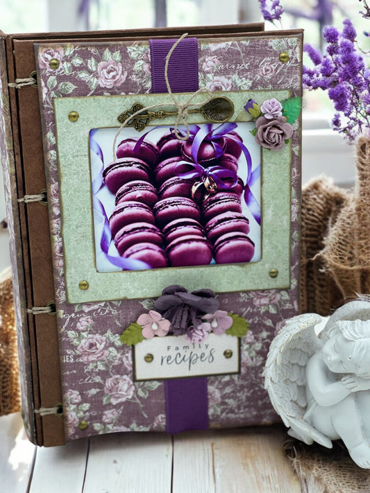 Handmade lavender A5 recipe book with 80 eco pages, pocket and 8 bookmarks—customisable family cookbook to record secret recipes and trial dishes
