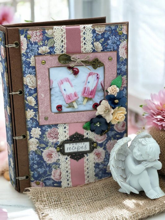 Handmade shabby blue rose A5 recipe book with 80 eco pages, pocket and 8 bookmarks—customisable family cookbook to preserve secret recipes and notes