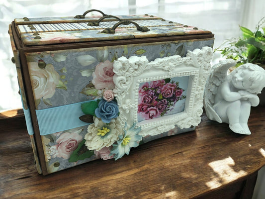 Handmade shabby chic blue photo box with 3 drawers holding 36 photos 10 × 15 cm—customisable album and decorative keepsake for family memories.