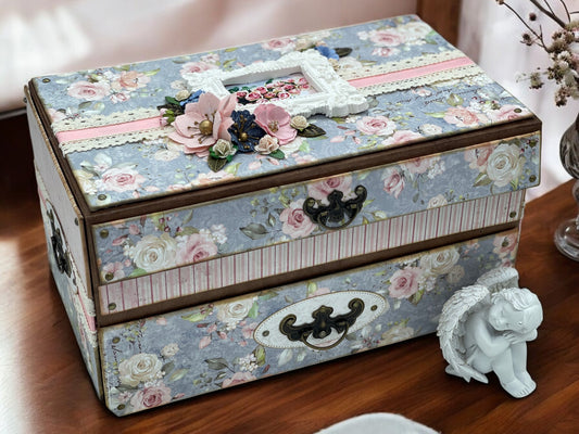 Handmade shabby chic large jewellery chest with mirror, chains, magnetic flap, pockets and bottom drawer—artisan organiser for watches and jewellery.