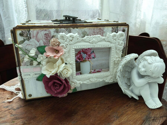 Handmade shabby chic pink and white peonies photo box with 3 drawers for 36 photos—customisable keepsake album for weddings, baby showers and memories.