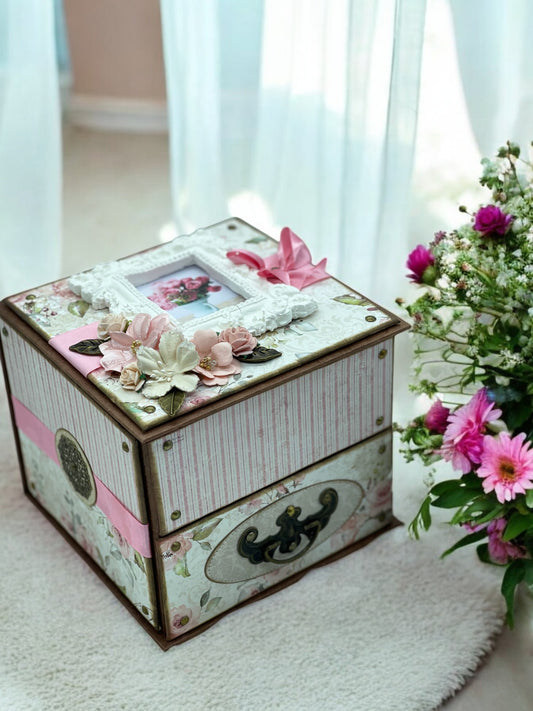 Handmade shabby chic rose jewellery chest with hinged lid, bronze chain, mirrors and pull-out drawer—artisan storage box for rings, earrings and bracelets.