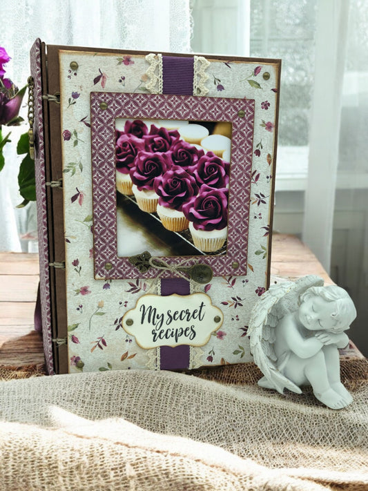 Handmade shabby cupcakes A5 recipe book with 80 pages, pocket and 8 bookmarks—customisable family cookbook gift for recording baking and secret recipes