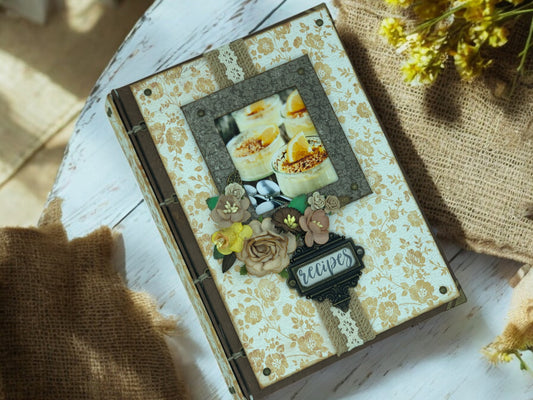 Handmade shabby yellow dessert A5 recipe book with 80 recycled eco pages, pocket and 8 bookmarks—customisable cookbook to record family recipes and creative notes.