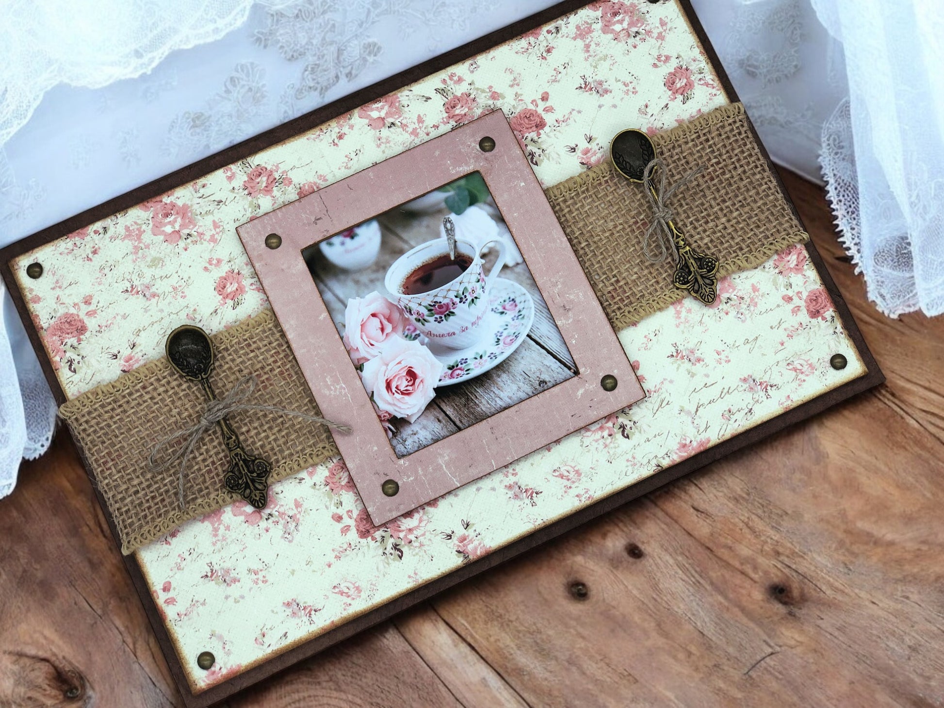 Handmade vintage pink rose shabby chic tea box with four compartments, bronze chain lid and handles—artisan tea organiser chest for storing tea bags.