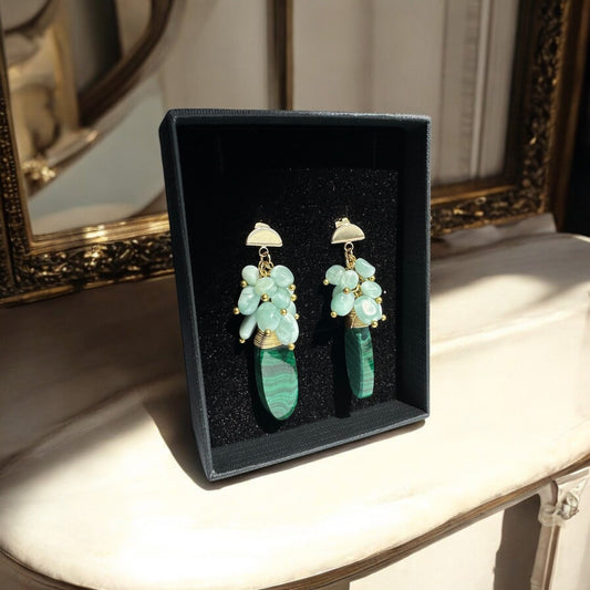Malachite and blue obsidian 18K gold plated crystal earrings