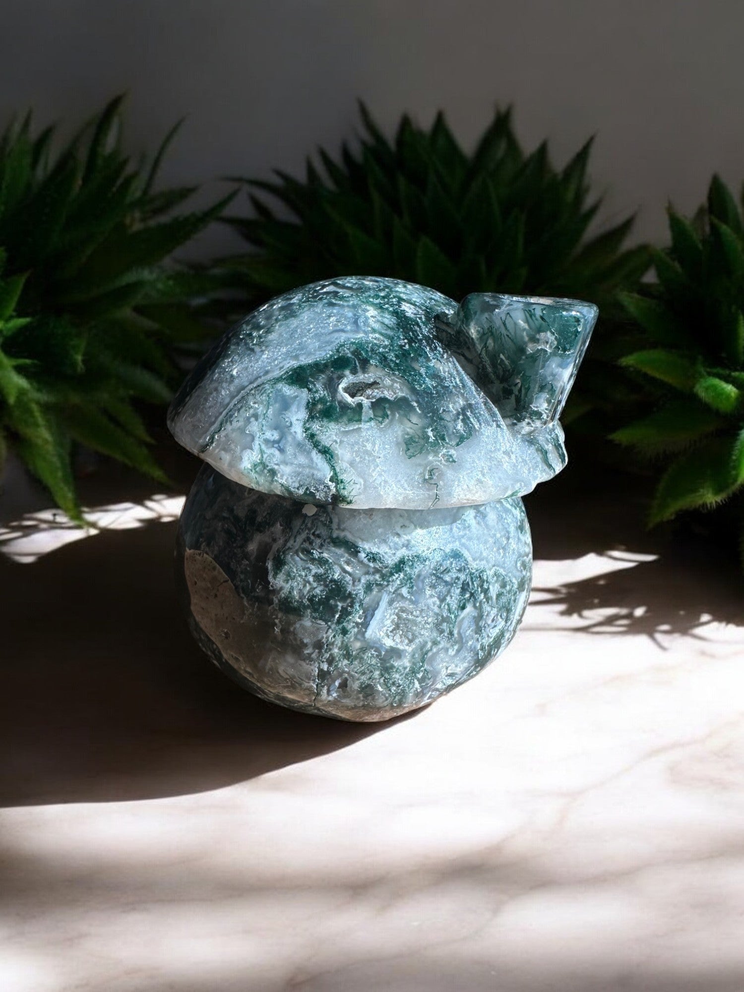 Moss Agate Mushroom House Crystal Figurine back side