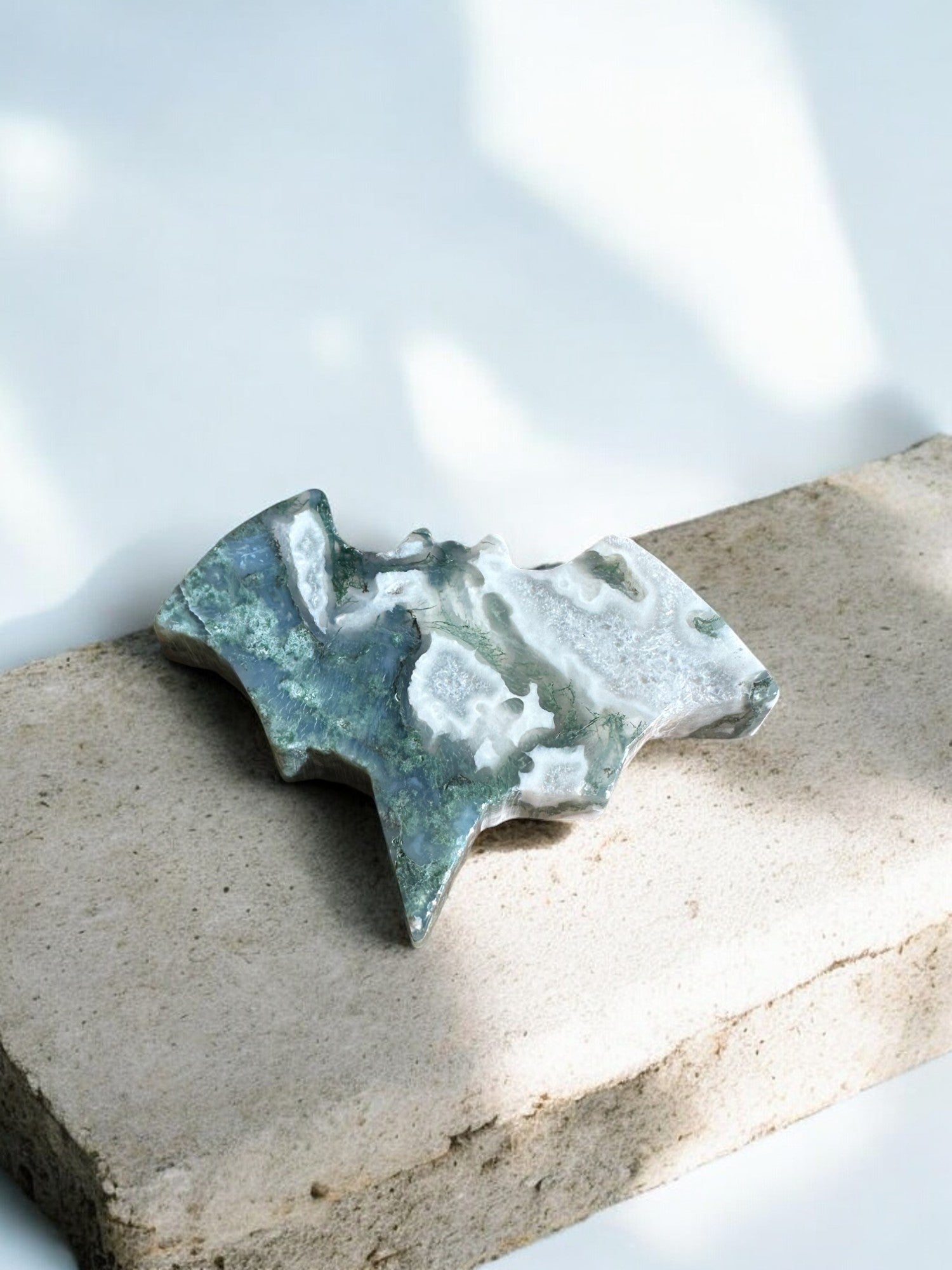 Moss agate bat crystal figurine with green colours