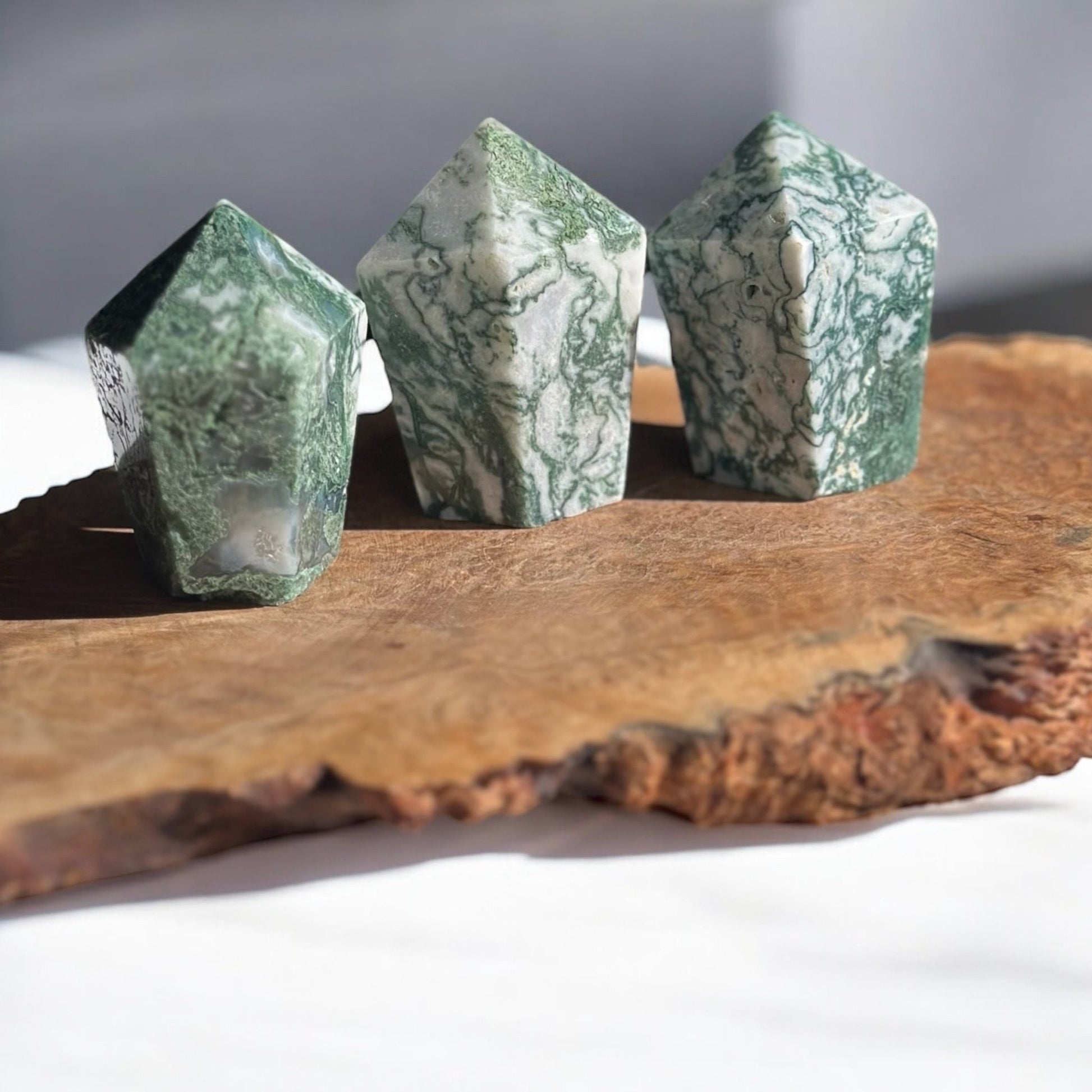 Moss agate cupcake crystal towers in a row
