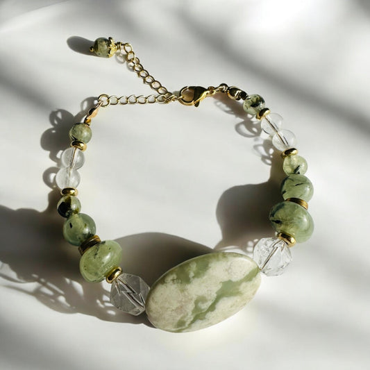 Prehnite, Jade, and Clear Quartz Crystal Bracelet