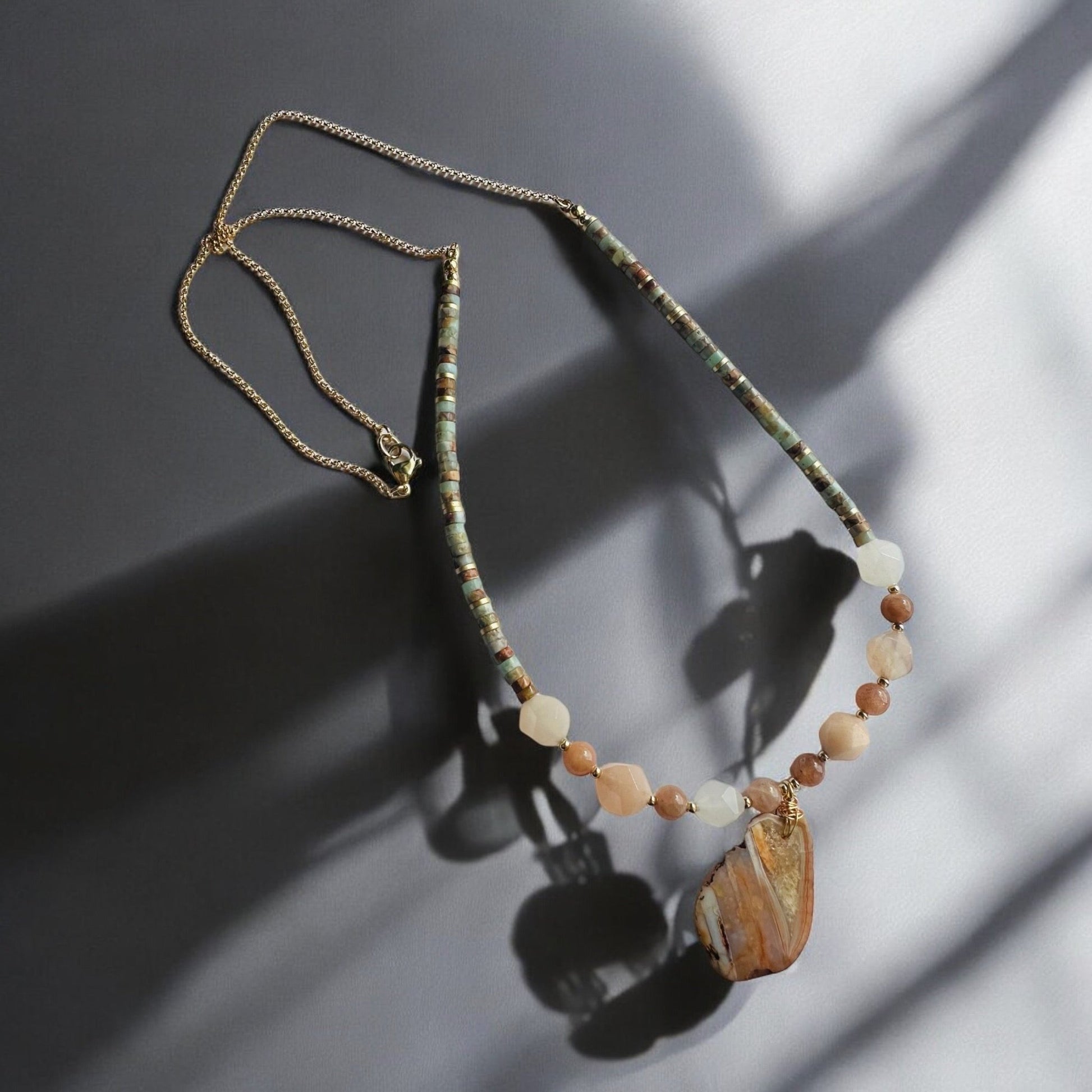Pink aventurine, sun stone, jasper and solar quartz personalised necklace