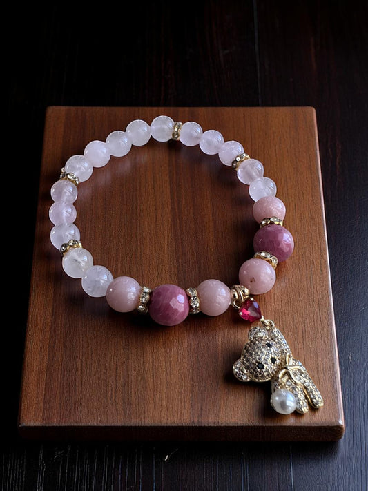 Pink crystal bracelet with rhodonite, pink opal, and rose quartz