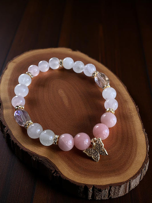 Pink opal and rose quartz bracelet with butterfly charm