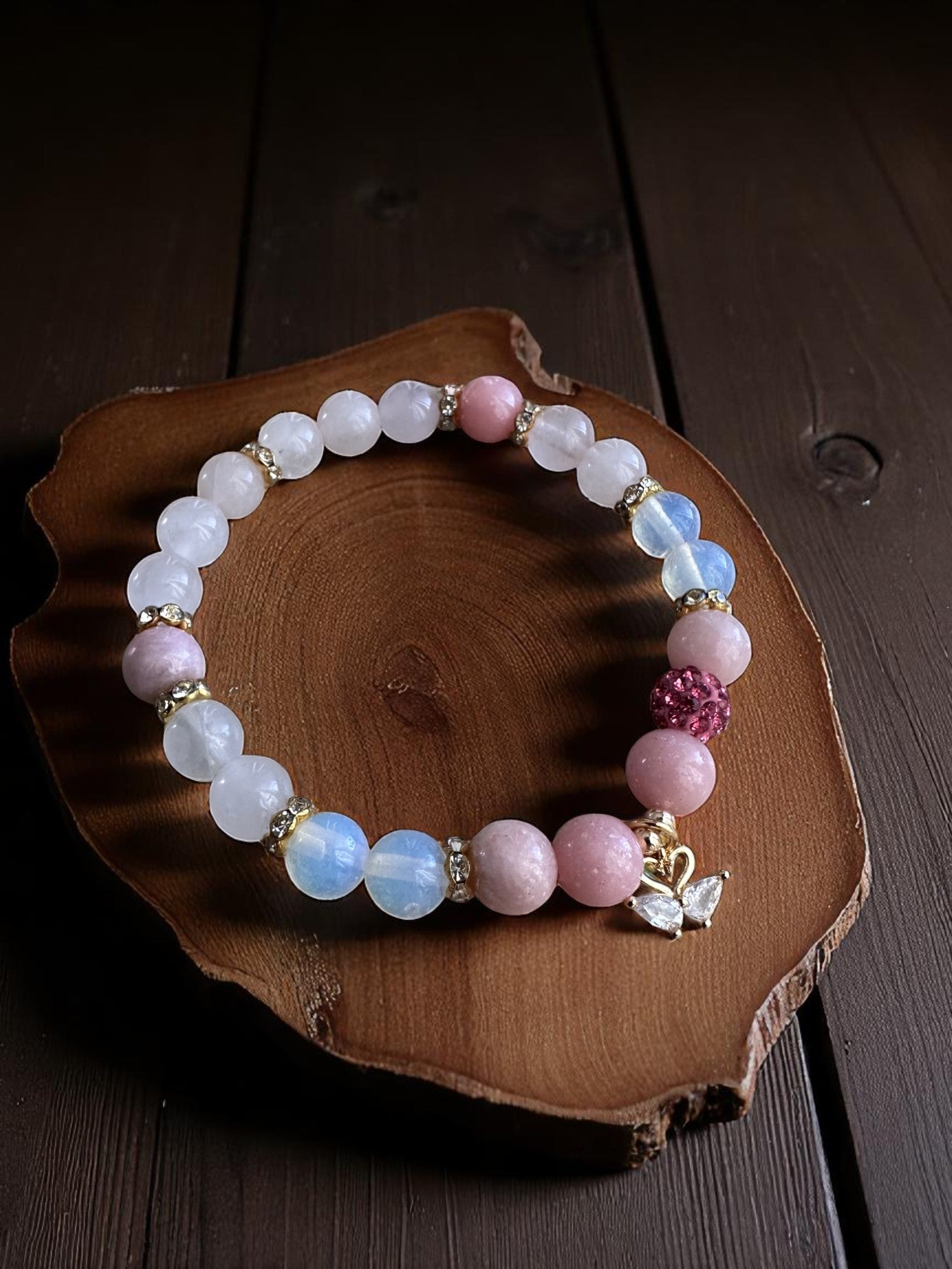 Pink opal, rose quartz, and opalite bracelet with swan charms