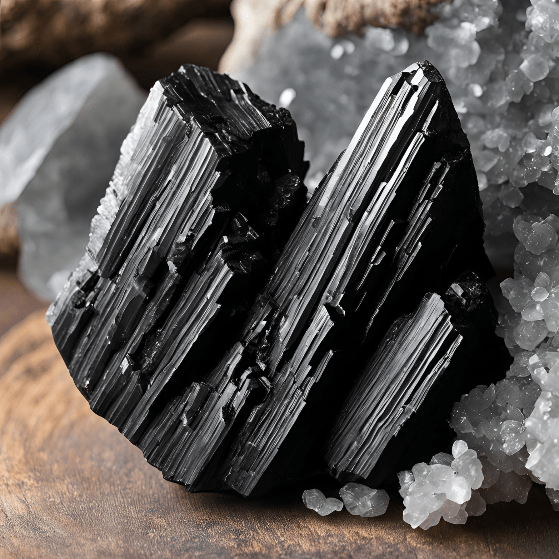Raw black tourmaline digital wallpaper with chalcedony
