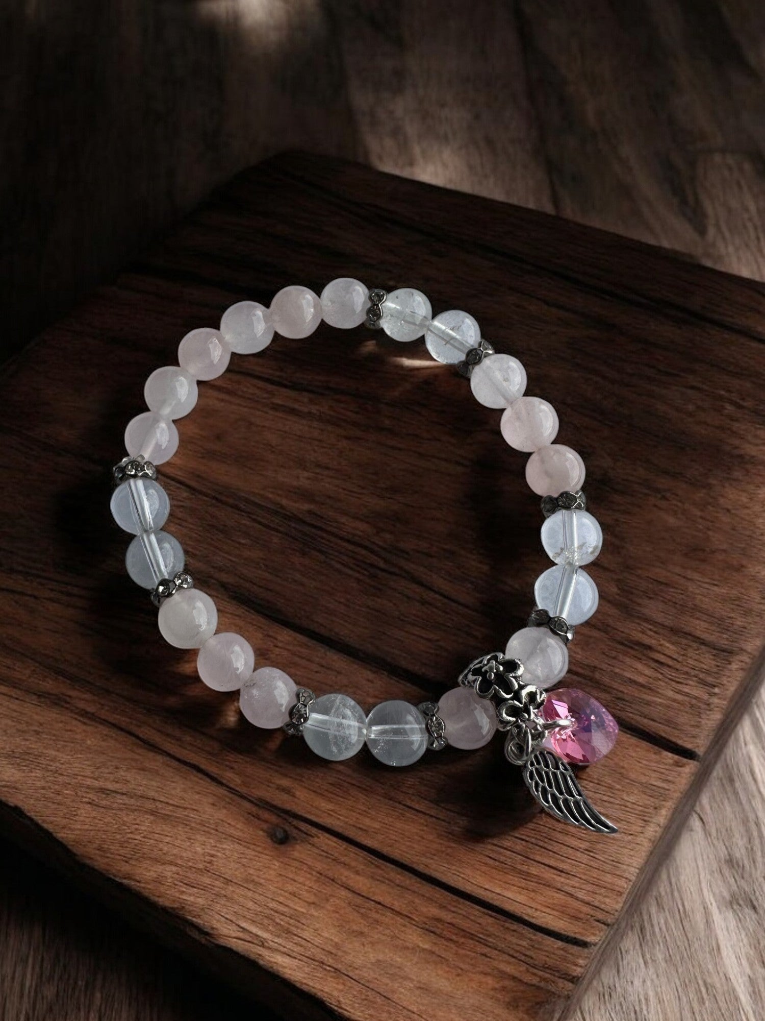 Rose Quartz and Clear Quartz Swarovski Heart with wing Crystal Bracelet