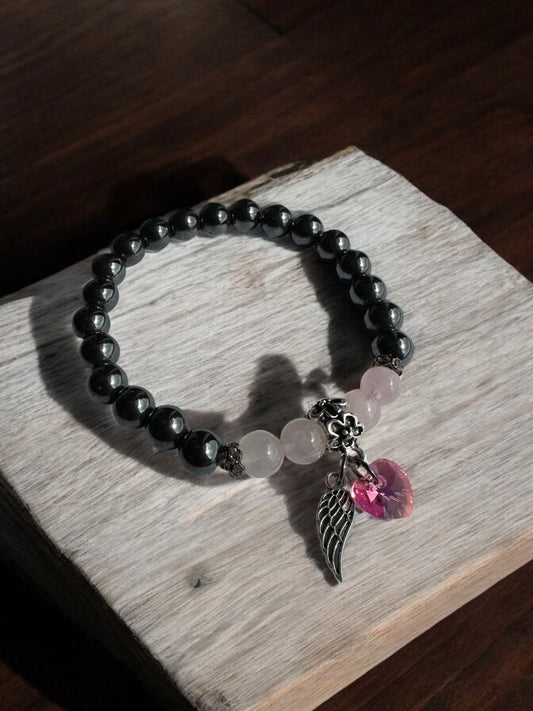 Rose Quartz and Hematite Swarovski Heart Crystal Bracelet