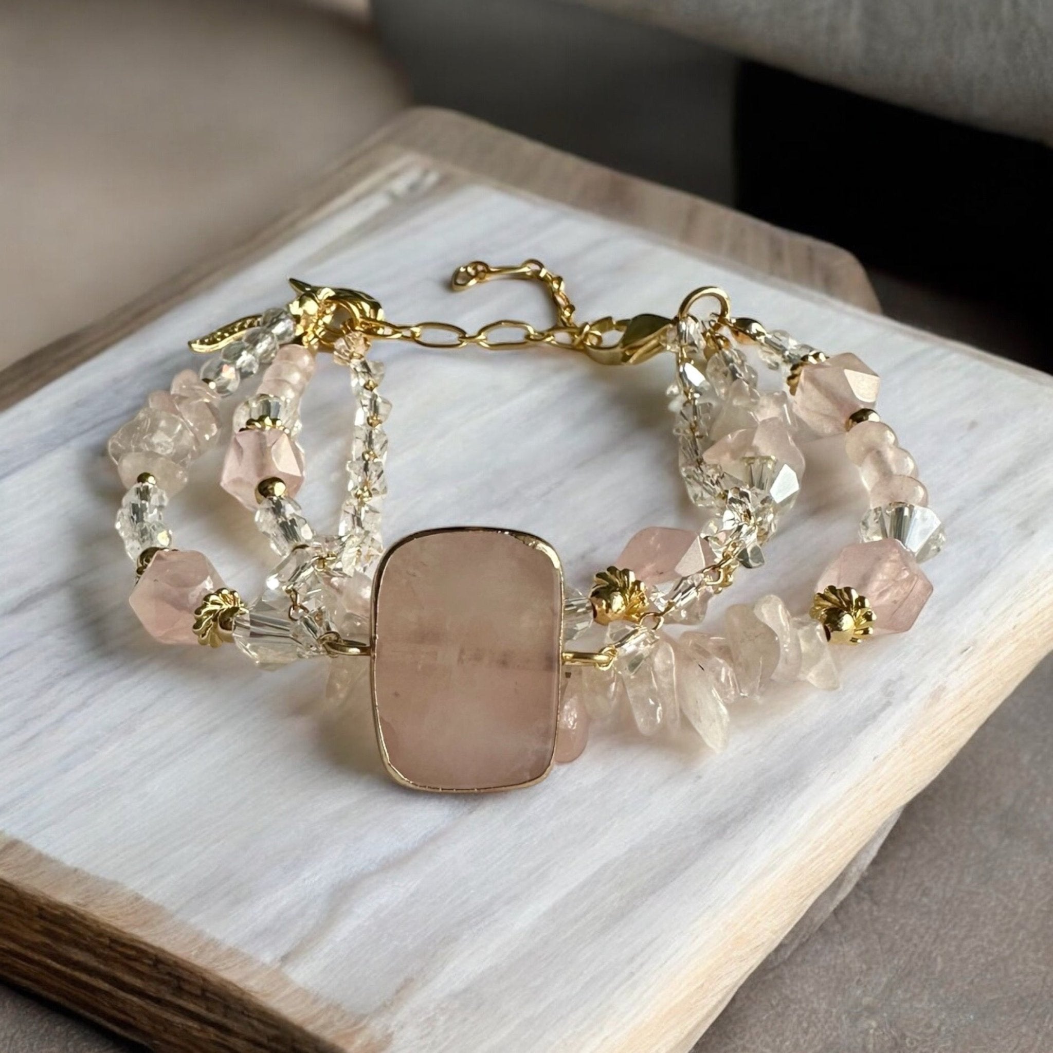 Rose quartz 3-layered 18K gold plated crystal bracelet
