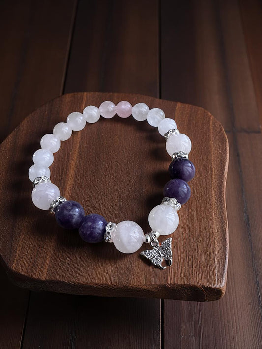 Rose quartz and lepidolite bracelet with sparkly butterfly charm