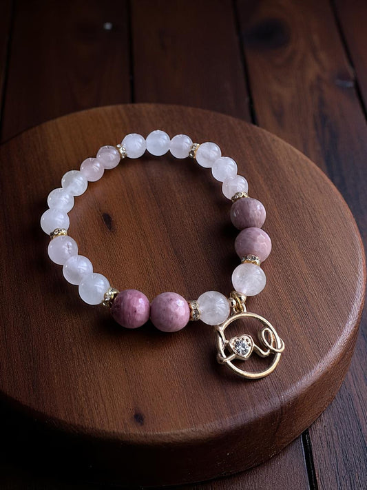Rose quartz and rhodonite bracelet with silver LOVE charm