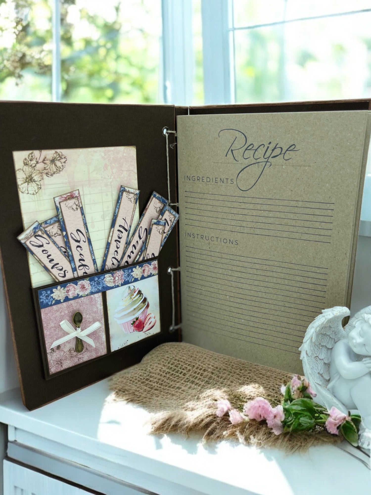 Shabby blue rose A5 recipe book with pocket and category bookmarks—80 eco pages for recording favourite family meals, trial recipes, and secret dishes