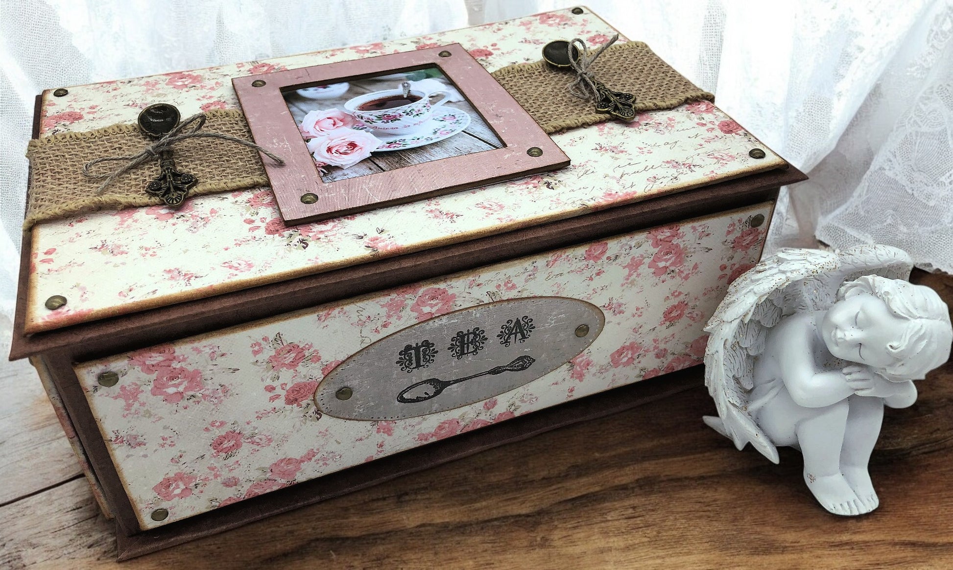 Shabby chic tea organiser box in vintage pink rose design with bronze accents and professional photograph—handmade tea storage chest for tea lovers.
