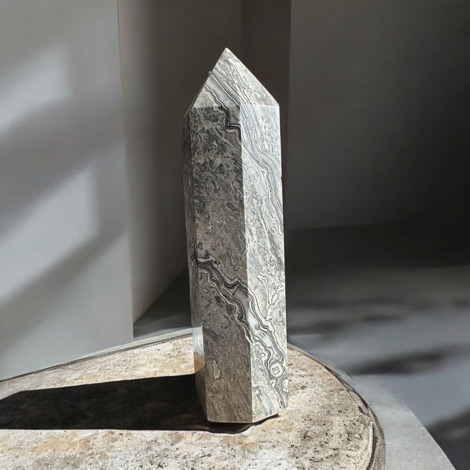Side view of the Picasso Jasper Crystal Obelisk