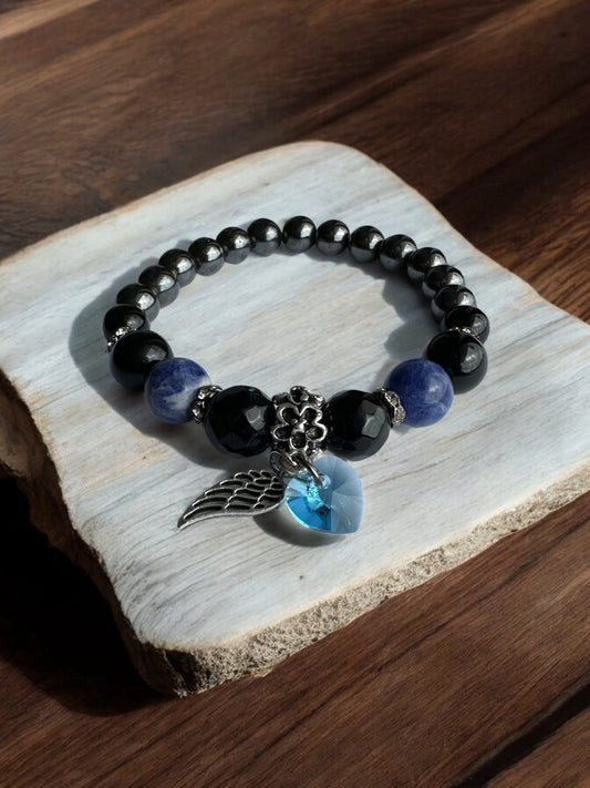 Sodalite, Hematite, and Black Onyx Swarovski Heart Crystal Bracelet