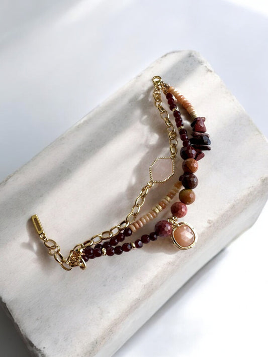 Sunstone and Mookaite 18K Gold Plated Crystal Bracelet