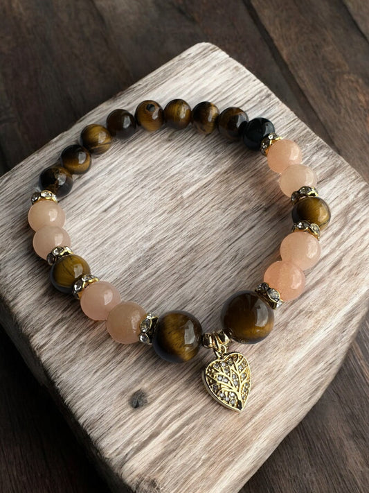 Tiger's Eye and Pink Aventurine Life Tree Crystal Bracelet