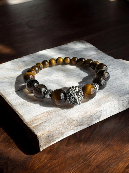 Tiger's Eye and Smoky Quartz Lion Crystal Bracelet