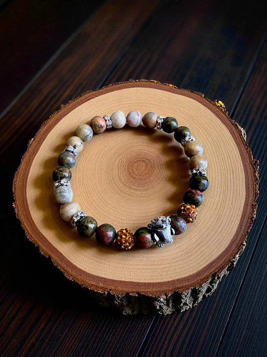Unakite and crazy lace agate gemstone bracelet for healing and joy.