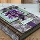 Vintage purple A5 recipe book with eco paper pages, Ingredients and Instructions layout, handmade design with lace, ribbons and bronze accents