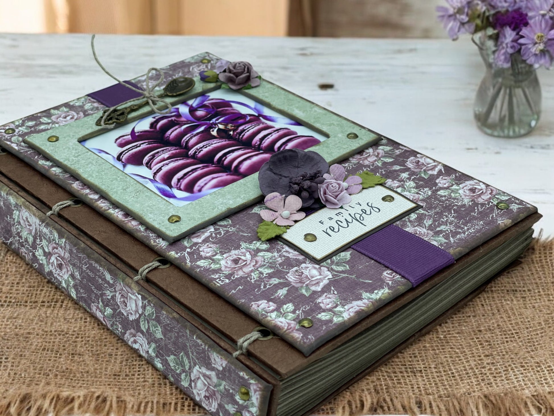 Vintage purple A5 recipe book with eco paper pages, Ingredients and Instructions layout, handmade design with lace, ribbons and bronze accents