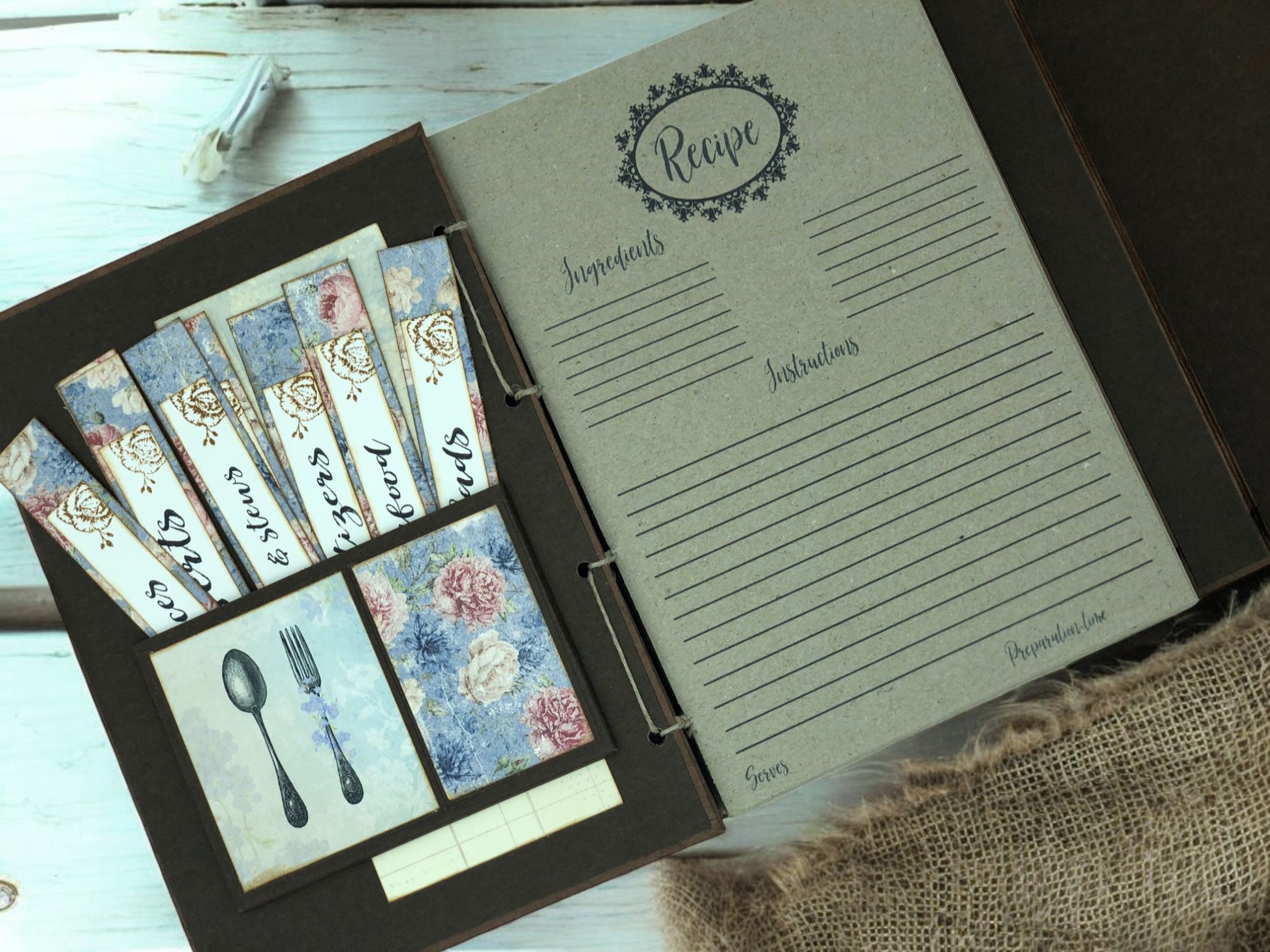 Vintage shabby chic popsicle recipe journal with eco-friendly hand-bound pages, lace, ribbons, jute and bronze accents—artisan cookbook for home cooks.