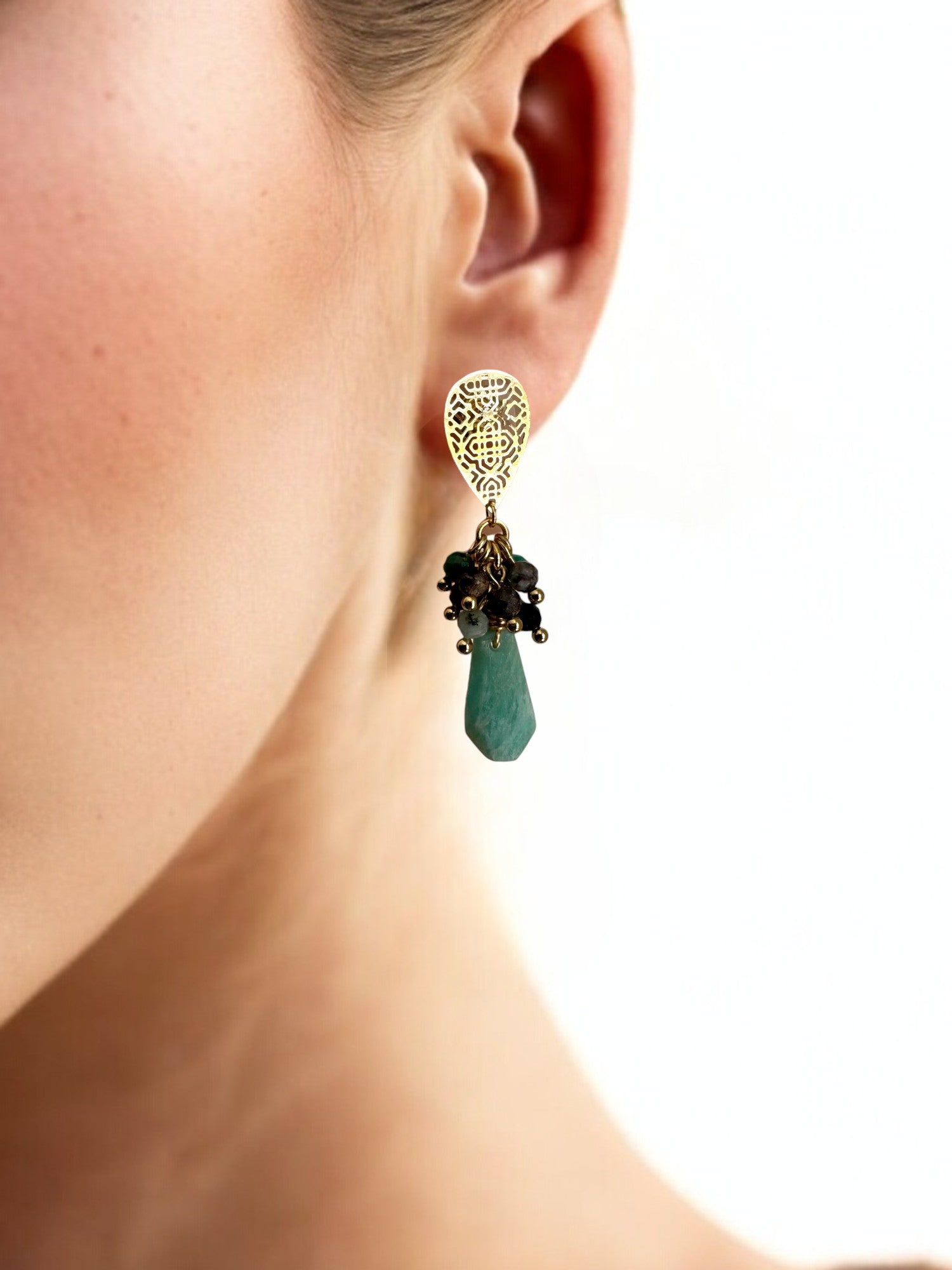 Wearing Amazonite and Chrysocolla 18K Gold Plated Statement Earrings