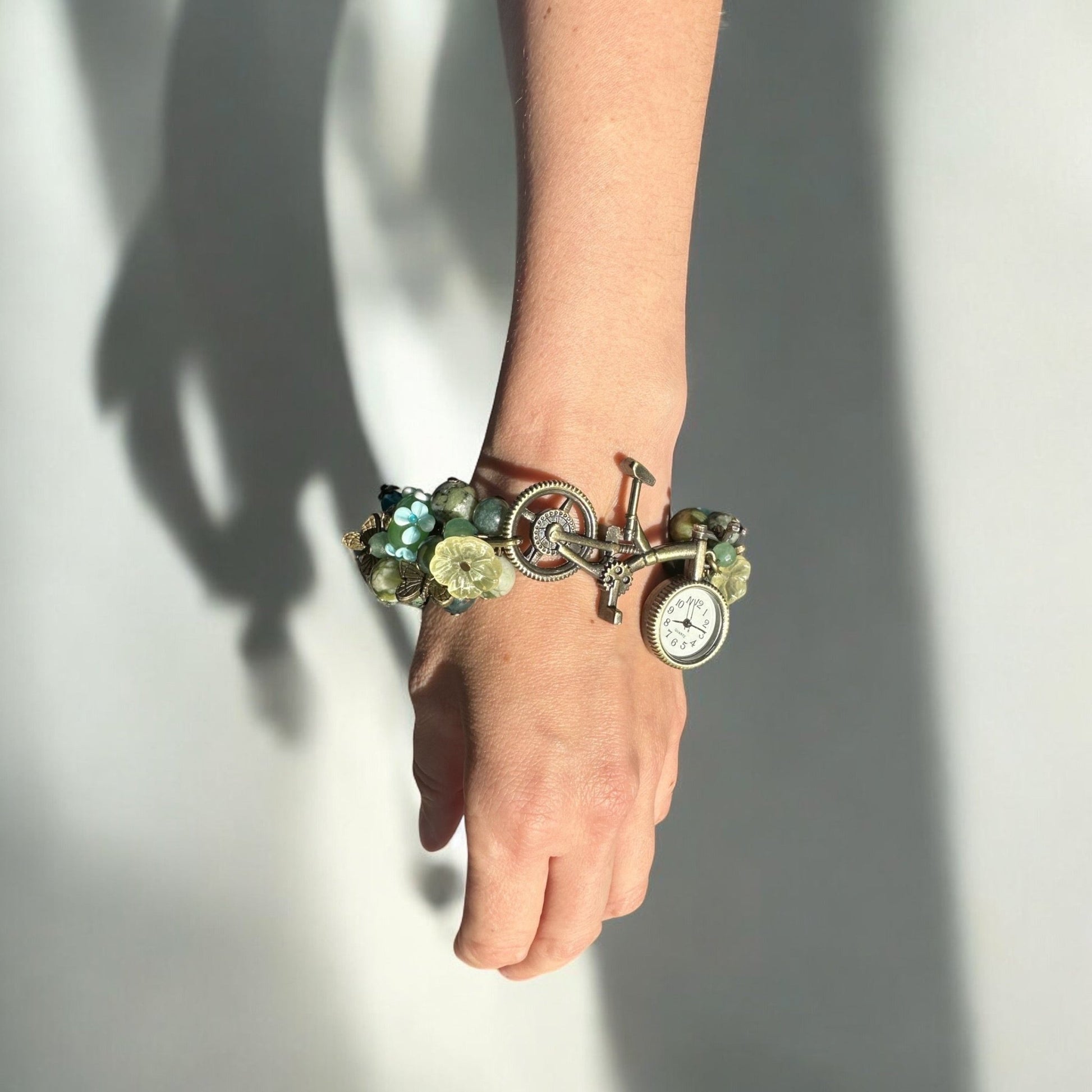 Wearing a Functional Moss Agate, Serpentine, and Green Aventurine Custom Watch