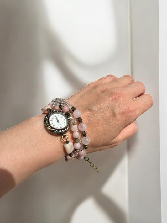 Wearing a Pink Opal, Rose Quartz, and Clear Quartz Custom Watch