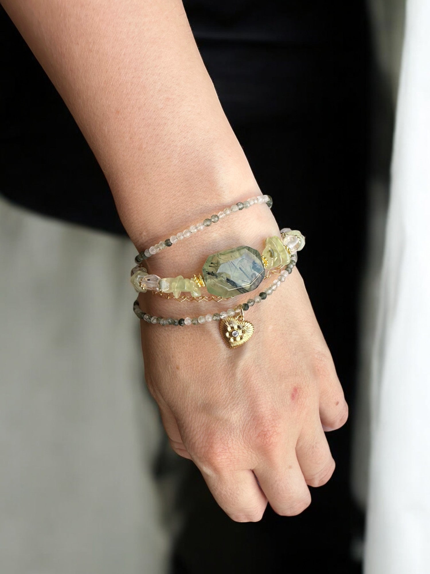 Wearing a Prehnite 4-Row 18K Gold Plated Crystal Bracelet