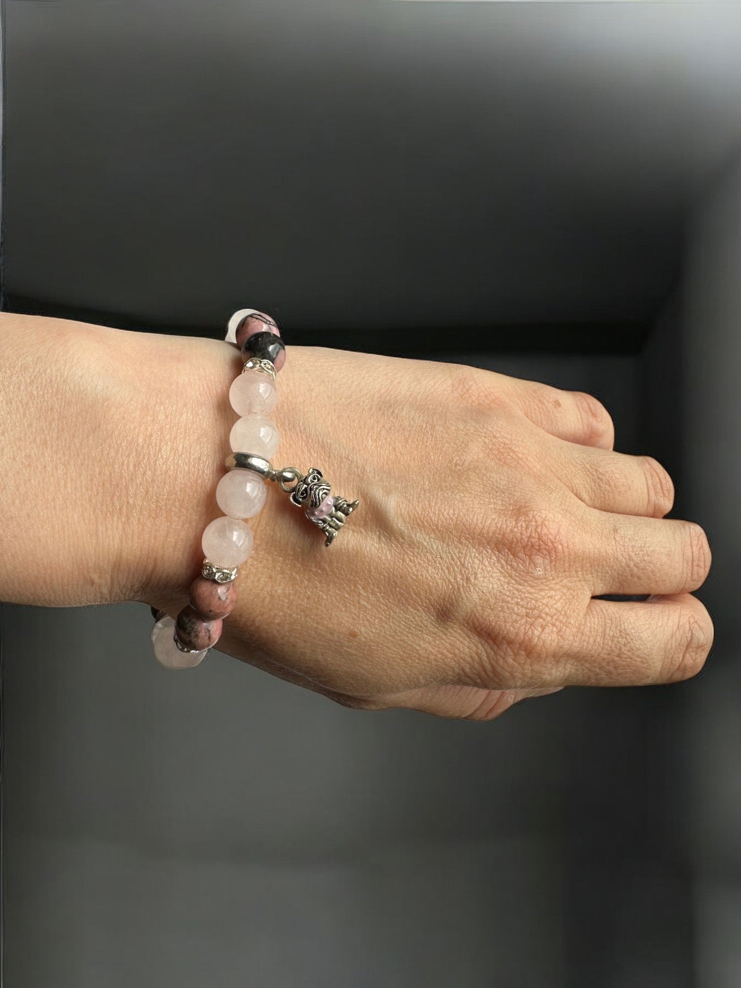 Wearing a Rose Quartz and Rhodonite Dog Crystal Bracelet