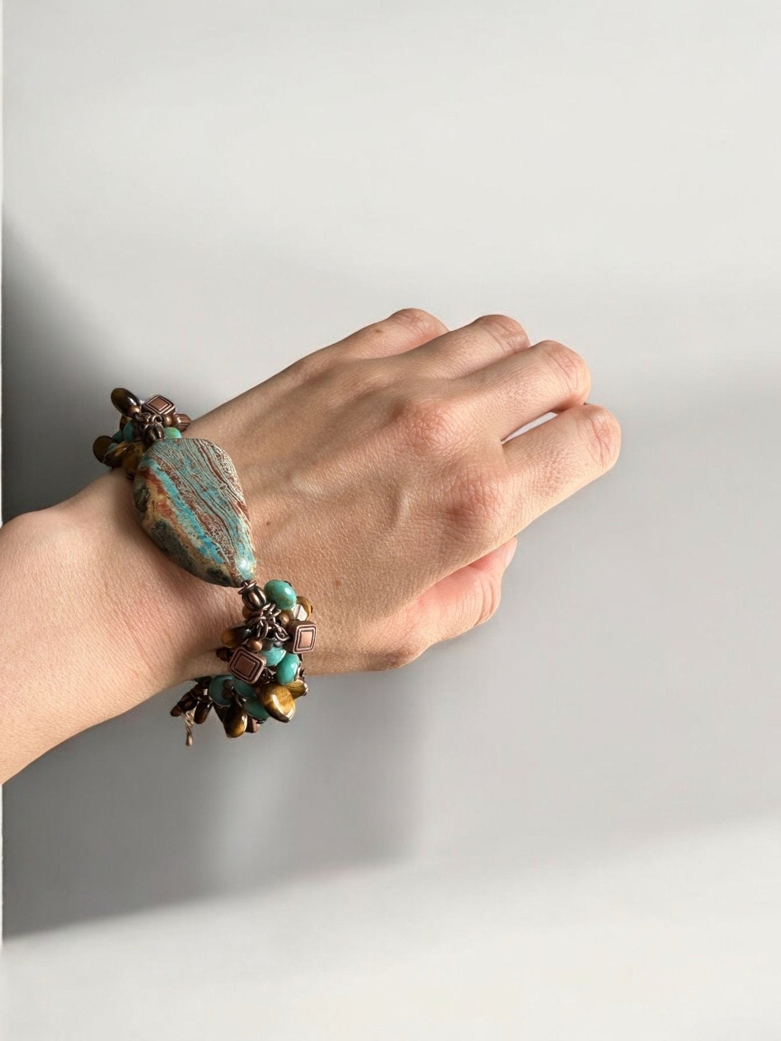 Wearing a Stunning Turquoise and Tiger's Eye Crystal Bracelet