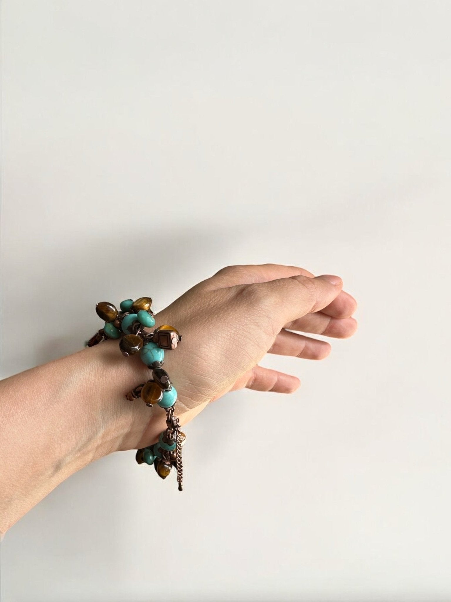 Wearing a Stunning Turquoise and Tiger's Eye Gemstone Bracelet