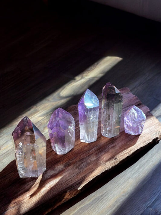 Amethyst crystal towers on a slab