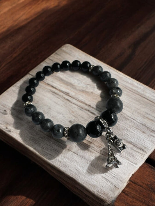 Black onyx and larvikite Eiffer tower crystal bracelet