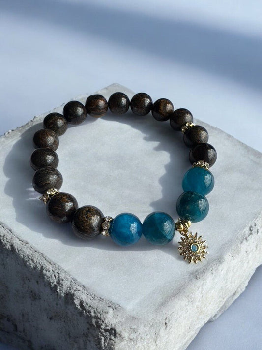 blue apatite and bronzite sun crystal bracelet