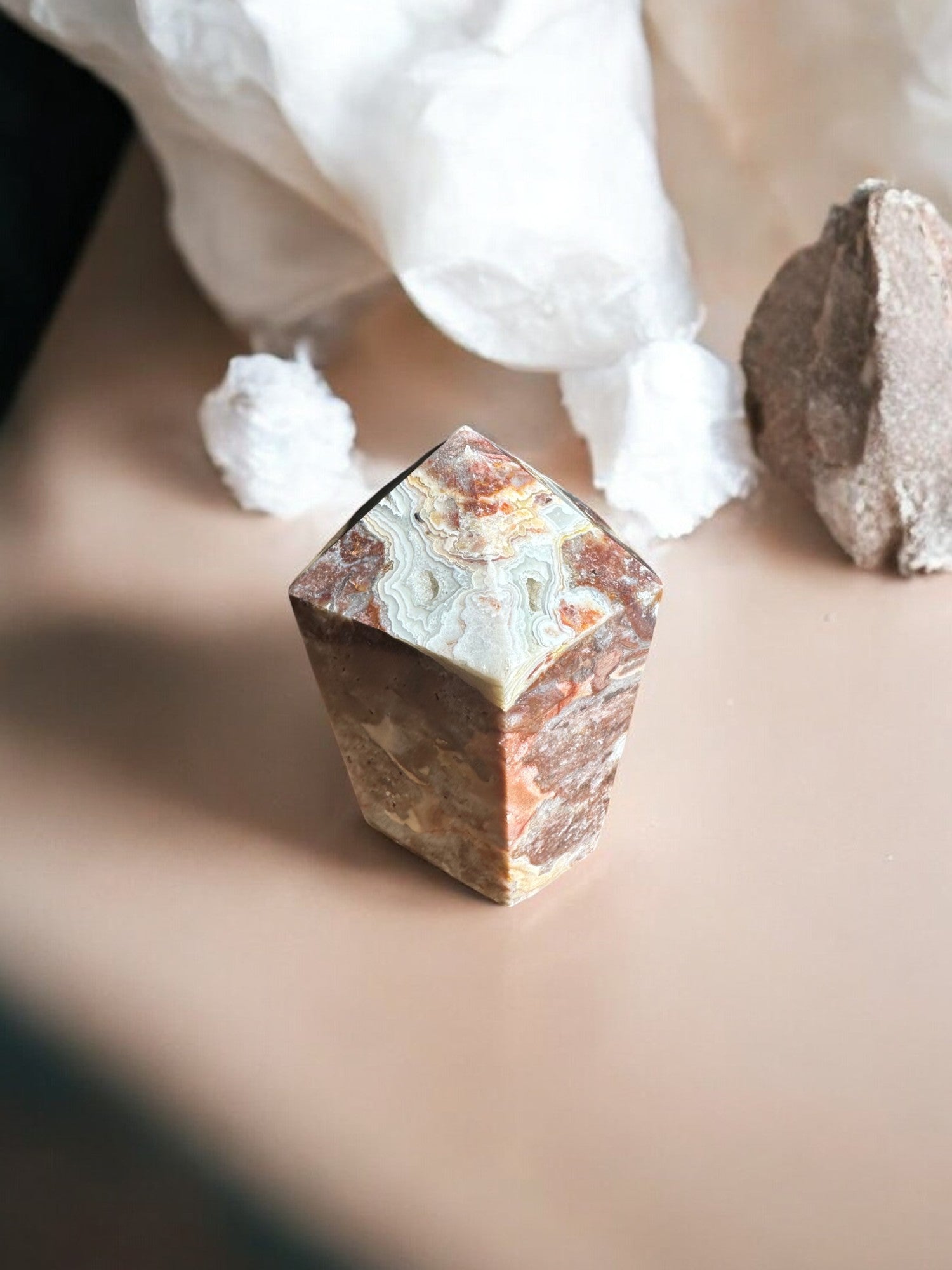 Crazy lace agate crystal tower in cupcake shape with druzy back side