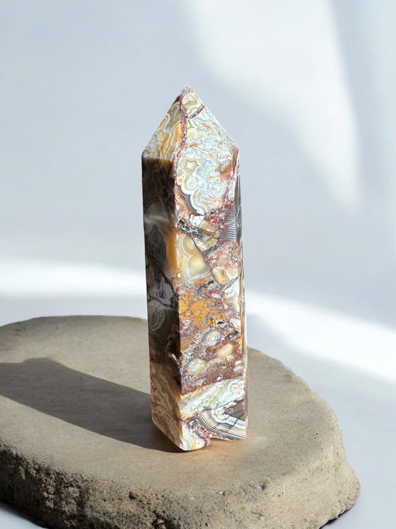 Crazy lace agate crystal tower option ML4 front view with yellow colour