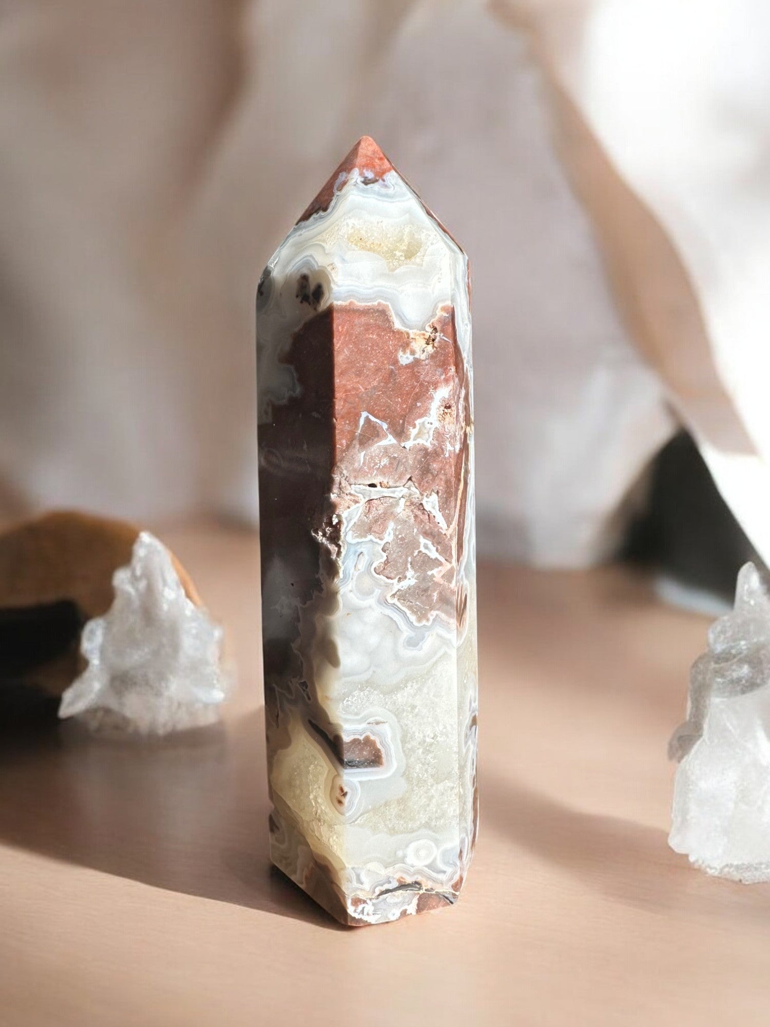 Crazy lace agate crystal tower option ML5 back view with white quartz