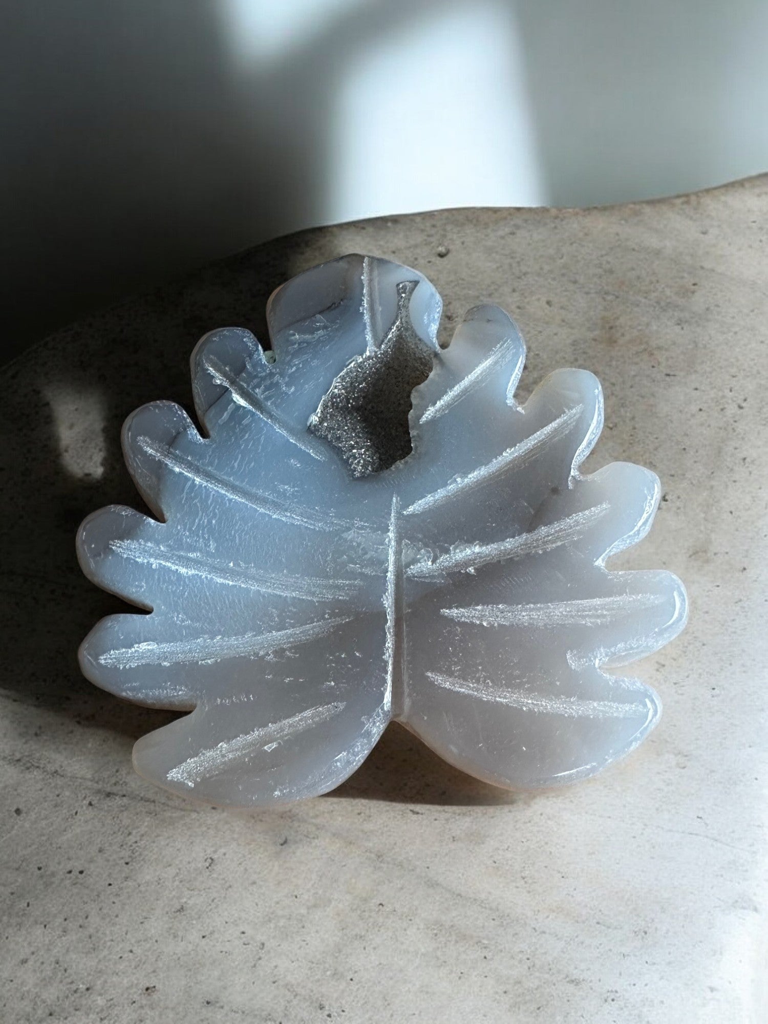 druzy agate crystal shape leaf on a concrete