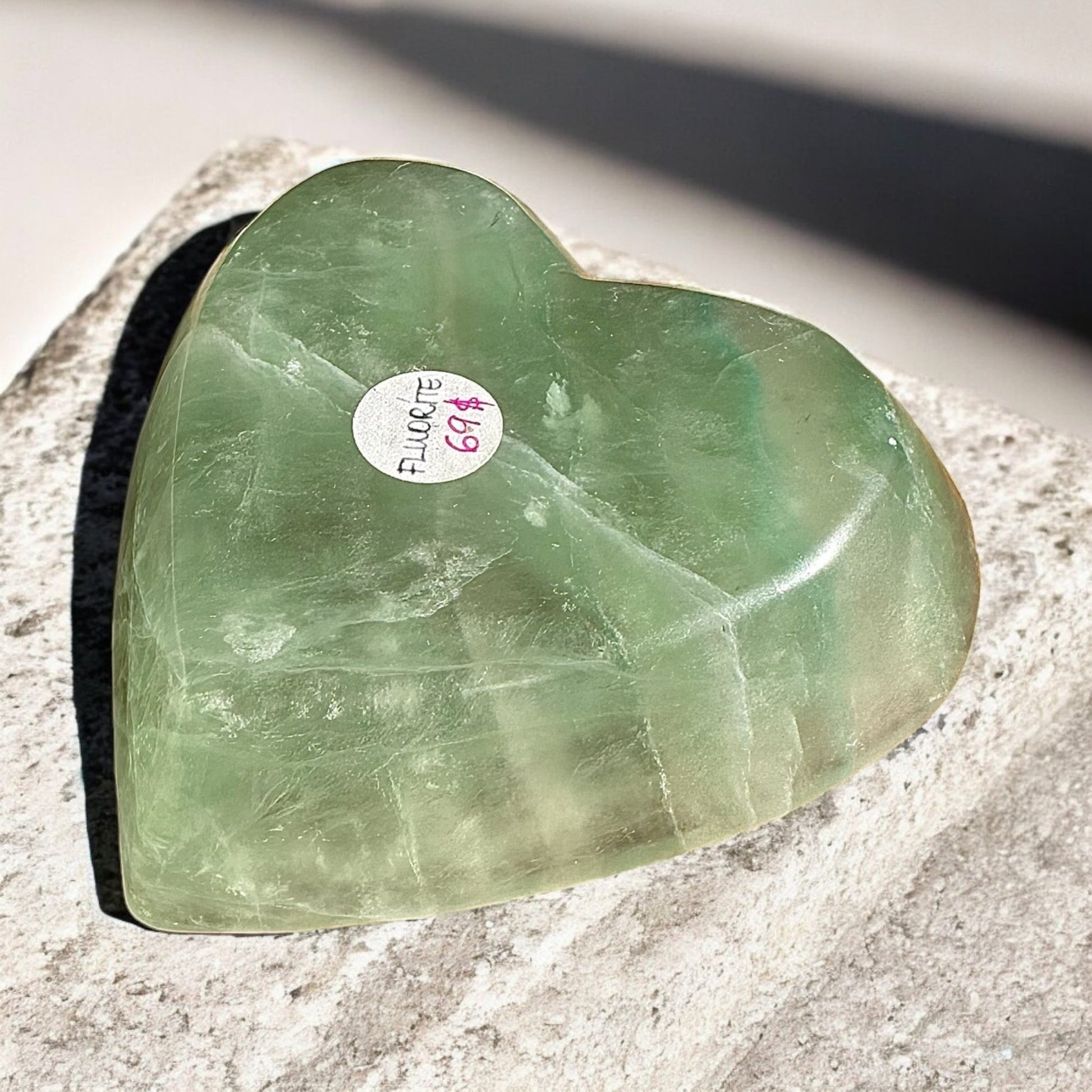 Green fluorite crystal bowl heart shaped bottom view